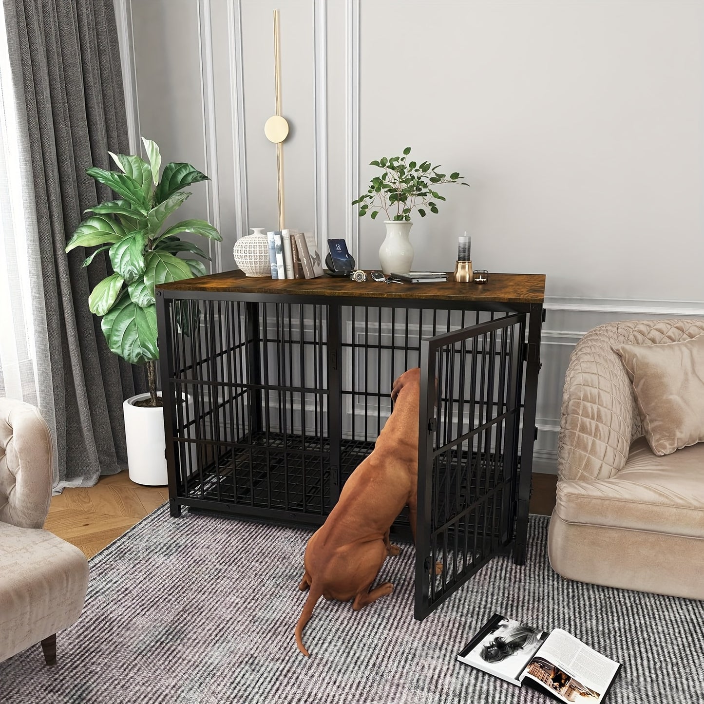 Hondenbench – Hondenkooi – Hondenhok – Bench – Draadkooi – Hout Met Metalen Buizen – Uitneembare Tray – 45kg Belastbaar – Geschikt Voor Alle Maten