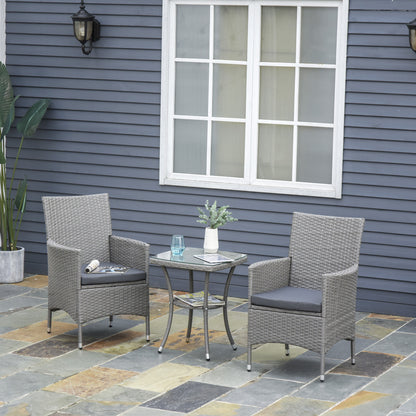 Rattan Tuinmeubelset – Bistroset – Balkonset – Tuinstoelen – Tuinmeubilair – Grijs – Poly Rattan & Stalen Frame – Glas Tafelblad met Kussens