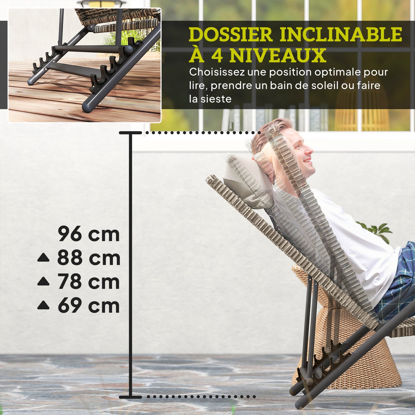 Outsunny Wicker Sun Lounger, Adjustable Reclining Garden Chair, S-Shaped, 4-Level, for Camping Pool Terrace, 156 X 62 X 96 Cm, Brown