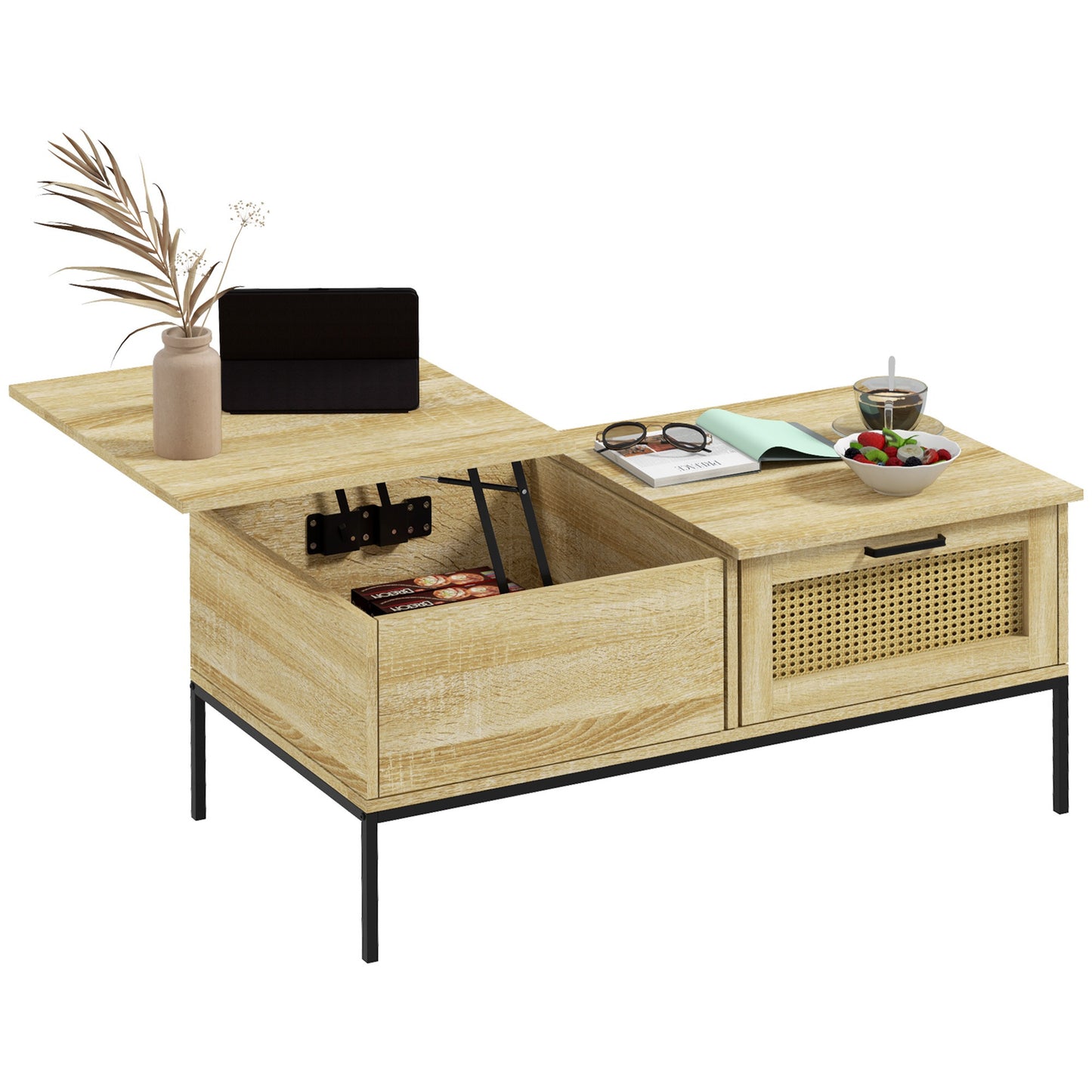 Salontafel – Koffietafel – Woonkamertafel – Bijzettafel – Tafelblad Met Verhoger – 2 Grote Lades – Stalen Poten – 106 x 56,3 x 48 cm – Natuurlijke Houtlook