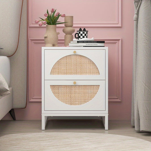 Nachtkastje – Bijzettafel – Ladekastje – Nachtkast – Opbergkast – Modern Halfrond Design – Wisselbare Rieten Laden – Gouden Handgrepen – Volledig Gemonteerd – Wit met Natuurlijk Accent