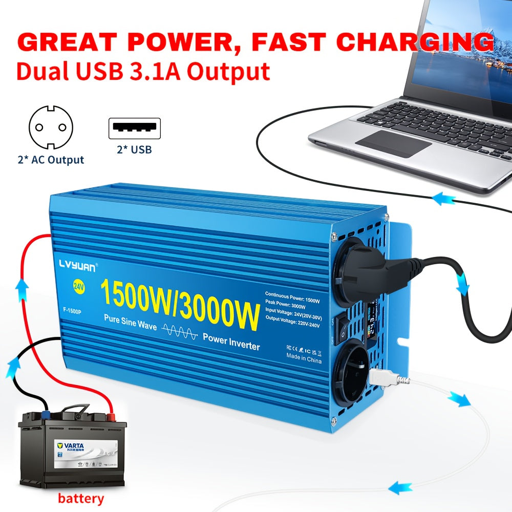 Omvormer – Spanningsomvormer – Inverter – Converter – 24V Variant – 1500W Continu Vermogen – Zuivere Sinusgolf Met LCD Display