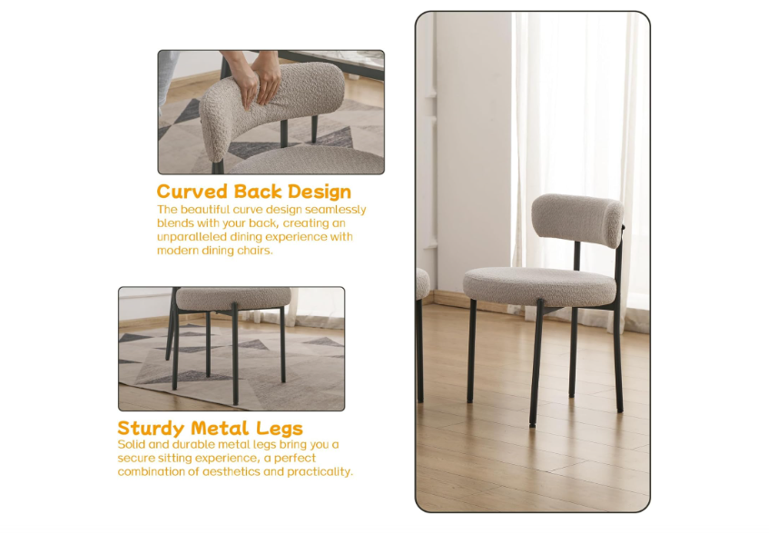 Eetkamerstoel – Stoel – Kuipstoel – Keukenstoel – Meubel – Set van 4 – Bouclé Stof – Zwart Metalen Frame – Armloos – Ergonomisch Design