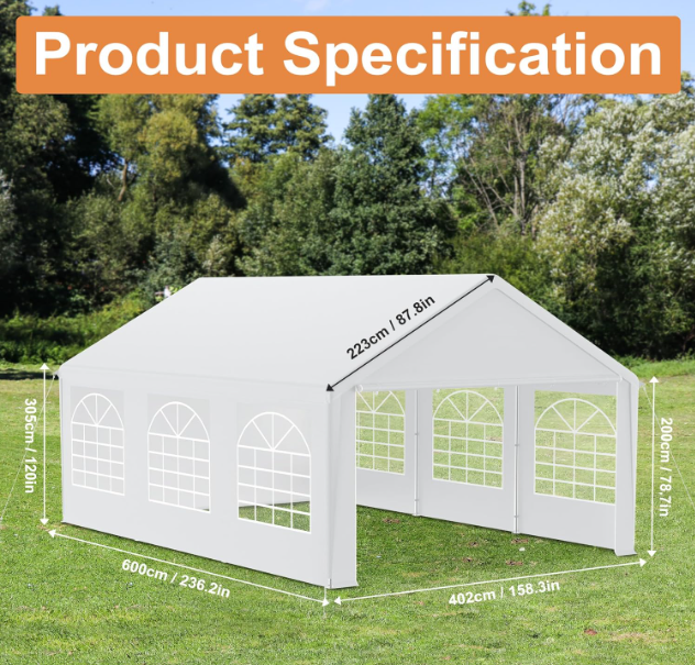 Feesttent – Partytent – Tuinpaviljoen – Paviljoen – Tuintent – Waterdicht – 4x6 Meter – Gegalvaniseerd Stalen Frame – Afneembare Zijpanelen