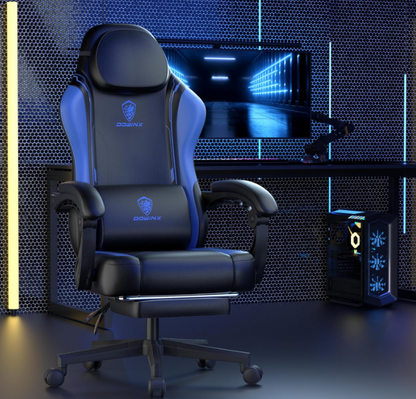 Gamingstoel – Bureaustoel – Racestoel – Ergonomische Stoel – Computerstoel – Met Voetensteun – 136 KG Draaggewicht – Verstelbare Hoogte & Rugleuning – Zwart/Blauw