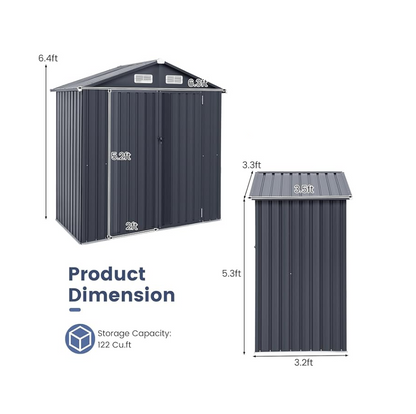 Buitenopslag schuur – Tuinhuis – Gereedschapshuis – Schuur – Opslagruimte – Vergrendelbare Deuren – Water- en Winddicht – Donkergrijs – 6,3’ x 3,5’ / 10’ x 7,7’ – Gegalvaniseerd Staal