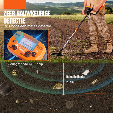 Metaaldetector - Metaalzoekapparaat voor professionals - Oplaadbaar - Hoge nauwkeurigheid - 8in spoel - LCD-scherm - Verstelbaar 38-49in - Zwart en oranje
