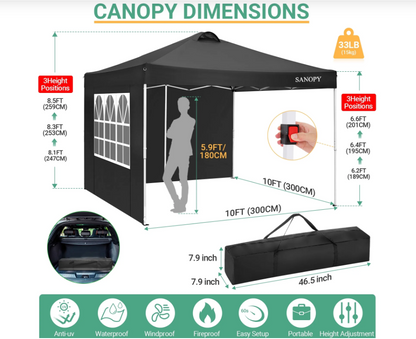 Partytent – Pop-up Tent – Feesttent – Tuintent – Paviljoen – 3,05x3,05 m – Waterdicht – Verstelbare Hoogte – 4 Afneembare Zijwanden – Draagtas