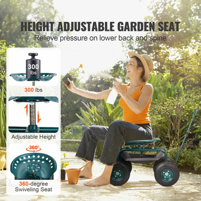 Tuinkar Rollende Werkstoel met Wielen, 360 Graden Draaibare Tuinkruk voor Planten, Wagon Scooter met Stuur - QUORE