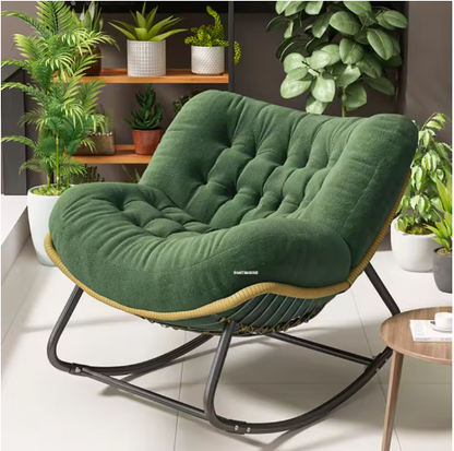 Schommelstoel – Schommelstoel Tuin – Relaxstoel – Fauteuil – Loungestoel – Oversized Design – PE-Rattan Metalen Frame – Memory Foam Kussen – Weerbestendig – Beige