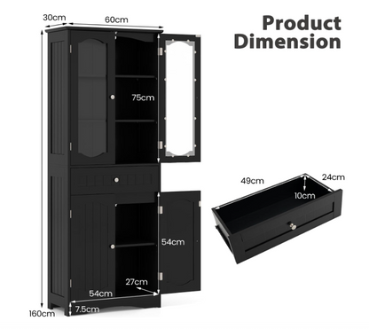 Badkamerkast – Badkamermeubel – Kolomkast – Opbergkast – Wastafelonderkast – MDF Met Gehard Glas – 160 cm Hoog – Zwarte Afwerking