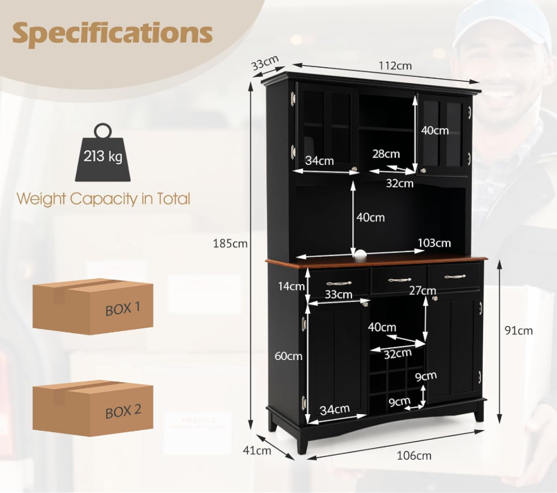 Keukenkast – Keukenbuffet – Kast – Dressoir – Opbergkast – Zwart – 3 Laden En Verstelbare Planken – Wijnrek En Open Schappen – 112x43x184,5 cm