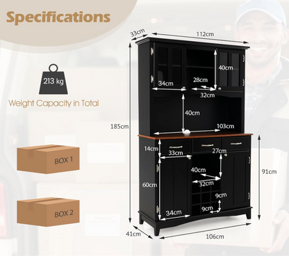 Keukenkast – Keukenbuffet – Kast – Dressoir – Opbergkast – Zwart – 3 Laden En Verstelbare Planken – Wijnrek En Open Schappen – 112x43x184,5 cm