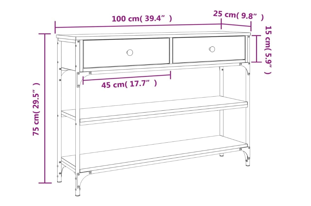 Console Tafel – Sidetable – Opbergkast – Dressoir – houten Kast – Stevig Hout En Metaal – 2 Lade Opbergruimte – 100x25x75 cm – Duurzaam Voor Huis En Kantoor – Bruin
