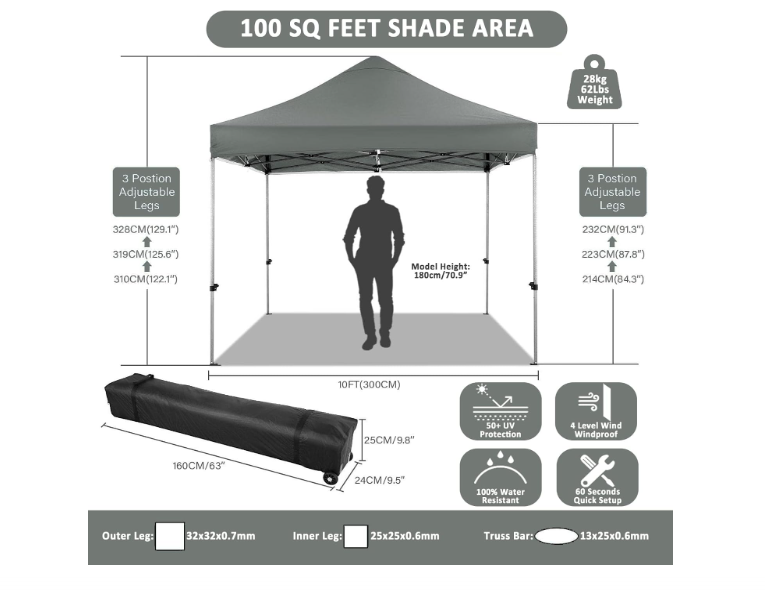 Pop-up Tent – Vouwtent – Partytent – Markttent – Zonnetent – 3,05 x 3,05 Meter – 4 Zijwanden – 3 Hoogte-instellingen – Draagtas Met Wieltjes – Snel Opzetbaar – Waterafstotend