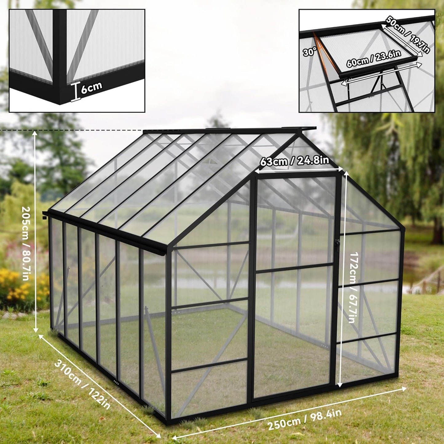 Kweekkas – Tuinkas – Serre – Plantenkas – Aluminium Frame – 310 x 250 x 205 cm – Weerbestendig Met Ventilatie – Schuifdeur En Fundering