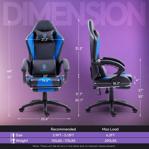 Bureaustoel – Werkstoel – Computestoel – Gamestoel – Ergonomische Stoel – Blauw – Pocketvering Zitkussen – Verstelbare Hoofdsteun & Voetsteun