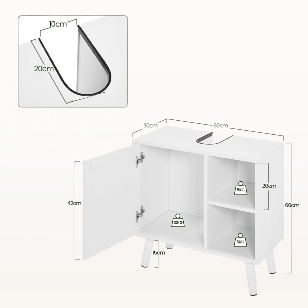Wastafelmeubel 60x30x60,5 cm – Badkamerkast Onder Wastafel met Uitsparing – Wastafel Onderkast – Ruimtebesparend & Modern Design - Witte