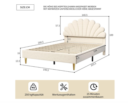 Tweepersoonsbed – Bed – Slaapbank – Boxspring – Bedframe – Velvet Beige – 140x200 cm – Stevig Houten Frame met Lattenbodem