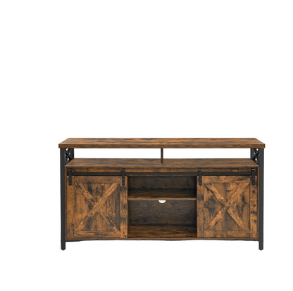 TV Meubel – Tv Kast – Tv Stand – Mediameubel – Opbergmeubel – Geelbruin – 165,1 cm Breed – Verstelbare Planken – Hardhouten Afwerking – Metalen Frame – Schuifdeuren Landelijke Stijl – Eenvoudige Montage