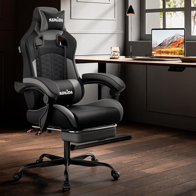 Gamingstoel – Gamestoel – Gaming Chair – Game Stoel – Esports Chair – Ergonomisch Ontwerp – Inklapbare Voetensteun – Verstelbare Rugleuning – PU-Leer – Geschikt Voor Harde Vloeren – Max 150 kg – Diepgrijs
