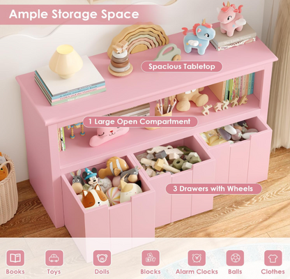 Rolkast – Opbergkast – Ladeblok – Mobiele Kast – Opbergmeubel – 3 Lades – Houten Constructie – Geruisloze Wieltjes – Roze