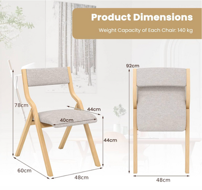 Inklapbare Eetkamerstoelen – Opvouwbare Stoelen – Klapstoelen – Extra Stoelen – Houten Stoelen – Linnen Bekleding – Compact & Stevig Frame – Set Van 2 – Grijs/Natuurlijk