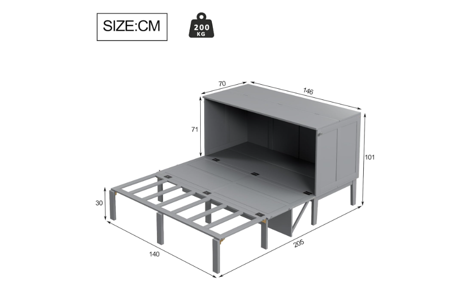 Opklapbed Metaal – Wandbed – Space-Saving Bed – Foldaway Bed – Opklapbed Met Kast – Stevig Metalen Frame – Inclusief Verticale Opbergkast (140x200 cm)