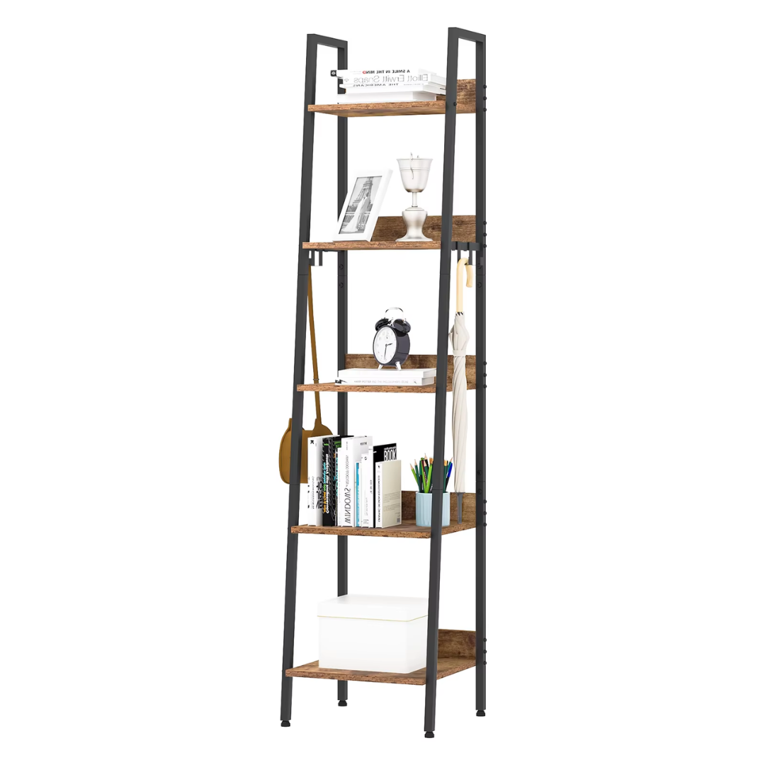 Boekenkast – Industrieel Boekenrek met Houten Planken en 4 Haken – Multifunctionele Boekenplank - Stellingkast - Keukenrek – Open Opbergrek voor Woonkamer, Keuken of Kantoor – 40x170x36 cm – Zwart & Hout - QUORE