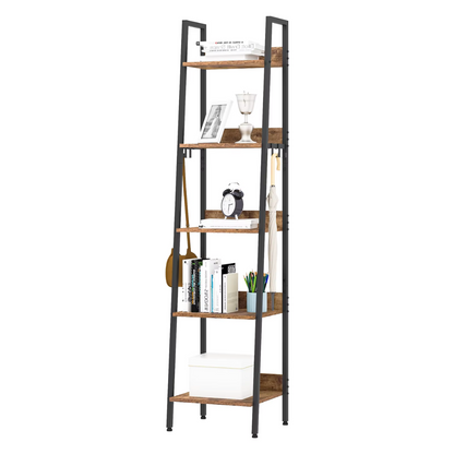 Boekenkast – Industrieel Boekenrek met Houten Planken en 4 Haken – Multifunctionele Boekenplank - Stellingkast - Keukenrek – Open Opbergrek voor Woonkamer, Keuken of Kantoor – 40x170x36 cm – Zwart & Hout - QUORE