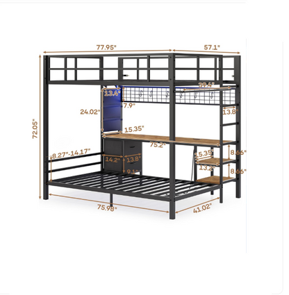 Hoogslaper – Stapelbed – Bedframe Met Bureau – Opbergruimte Bed – Metal Loft Bed – Zwart 90x200 / 140x200 – Ruimtebesparend Ontwerp – Duurzaam Metalen Frame