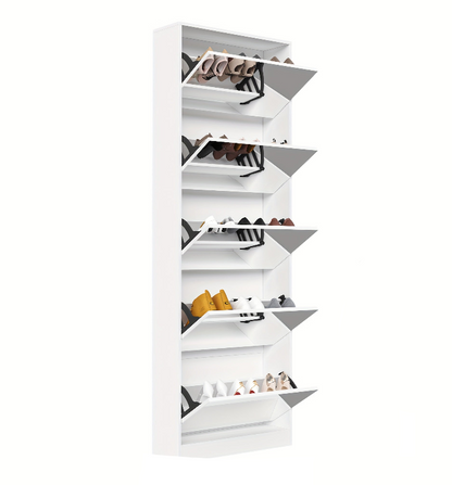 Schoenenkast – Schoenenrek – Schoenenopberger – Schoenenmeubel – Schoenentoren – Smal Design – 185 cm Volledige Spiegel – Flip-Lades – Wit