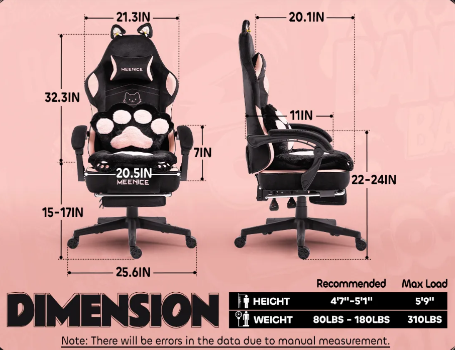 Gamingstoel – Bureaustoel – Computestoel – Gamestoel – Racestoel – Ergonomisch Recliner – Verstelbare Voetsteun – Roze/Zwart