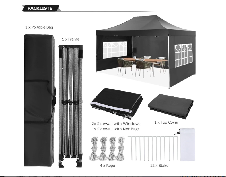 Partytent – Paviljoen – Tuintent – Feesttent – Easy Up – 3x4,5m – Waterdicht Polyester – UPF 50+ UV Bescherming