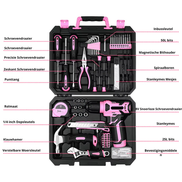 Gereedschapskoffer - 126Pcs - Gevuld - Gereedschap - Gereedschapset - Schroevendraaierset - Meetlint - Rolmaat - Hamer - Bitset - Inbussleutelset - Zaag - Stanleymes - Roze