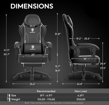 Gamingstoel – Bureaustoel – Ergonomische Stoel – Computersstoel – Racestoel – Zwart/Wit – Inklapbare Voetsteun – 136 KG Draagvermogen