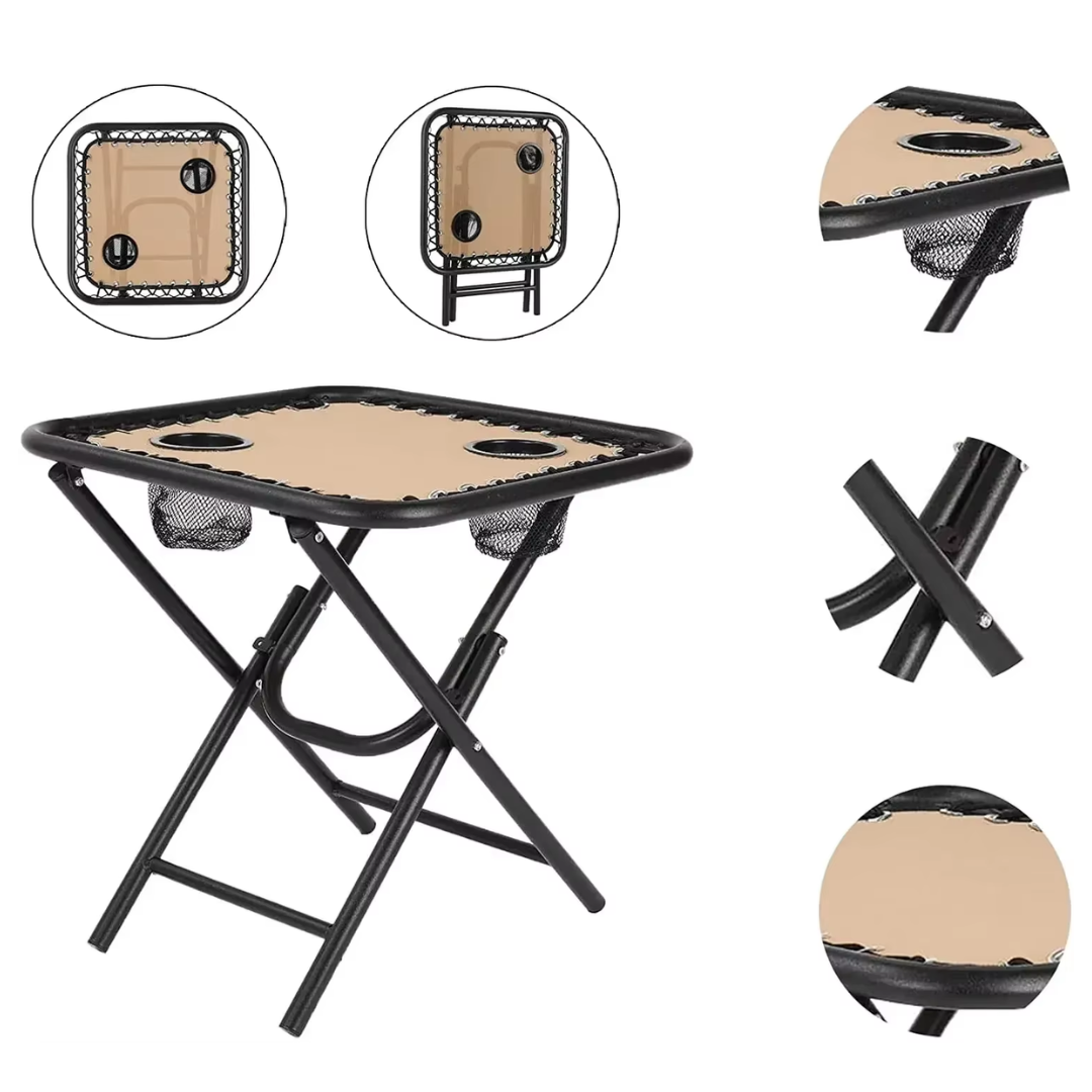 Ligstoelen Set met Tafel - Loungeset Buiten - Verstelbare Tuinstoelen - Campingstoelen - Opvouwbare Strandstoelen met Hoofdkussen en Bekerhouder - Beige