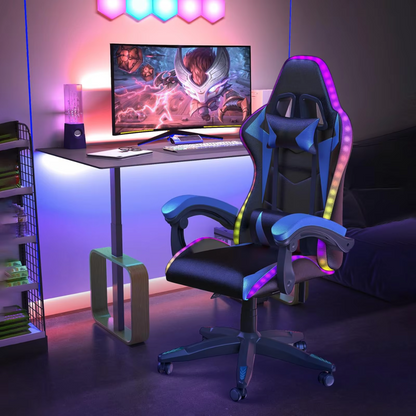 Gaming Stoel met LED Verlichting – Ergonomische Gamestoel met Hoge Rugleuning en Hoofdsteun – Verstelbare Bureaustoel voor Gamers – Comfortabele Computerstoel – Zwart met Blauw Design