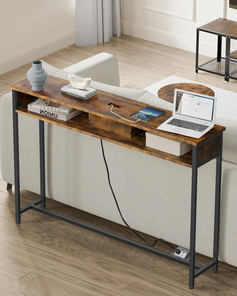 Bijzettafels - Console tafel - Entree tafel - Smal - Hout - Staal - 25 cm x 120 cm x 81 cm - Bruin