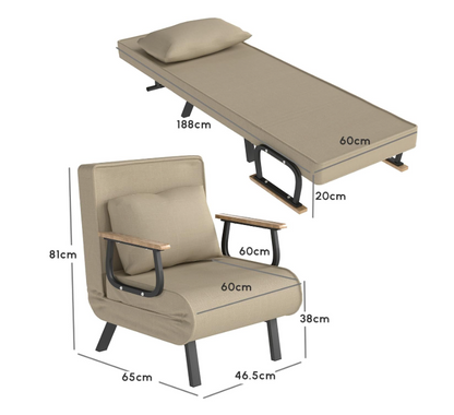 Opvouwbare Sofa Bed – Slaapbank – Bedbank – Klapbed – Multifunctionele Bank – Khaki Kleur – Memory Foam Comfort – Houten Armleuningen
