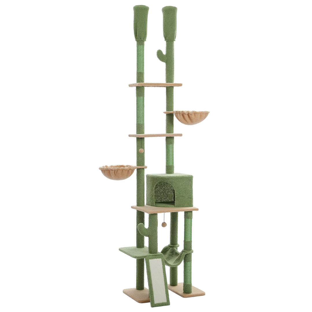 Cactus Kattentoren - Verstelbare Krabpaal met Sisal - Hangmat en 2 Mandjes - Kattenmeubel voor Meerdere Katten - Hoogte 216-285cm - Groen