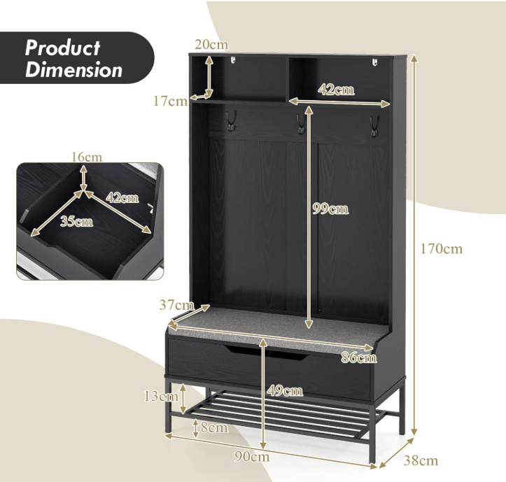 Kapstok – Staande Kapstok – Garderoberek – Schoenenbank – Wandkapstok – 4-in-1 Multifunctioneel – Zitkussen Met Opbergruimte – 170 cm Hoog