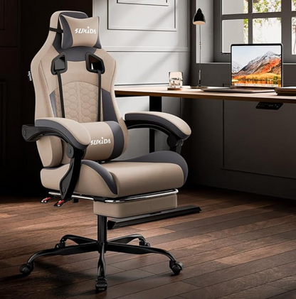 Gamingstoel – Esports Stoel – Ergonomische Bureaustoel – Racestoel – Gamingfauteuil – Verstelbare Rugleuning – Voetensteun – Hoogwaardig PU-leer – Beige Grijs