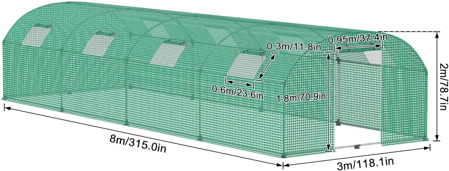 Kweektunnel – Foliekas – Tuinkas – Broeikas – Plantentunnel – 3x8x2 Meter – UV-bestendig en Winterbestendig – Versterkt Verzinkt Stalen Frame