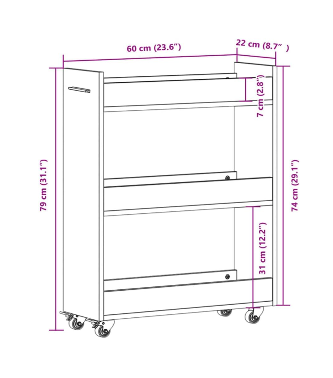 Opbergkast – Kast met wielen – Bureaukast – Opbergmeubel – Rollende kast – Beton grijs – Stevig hout – 60x22x79 cm