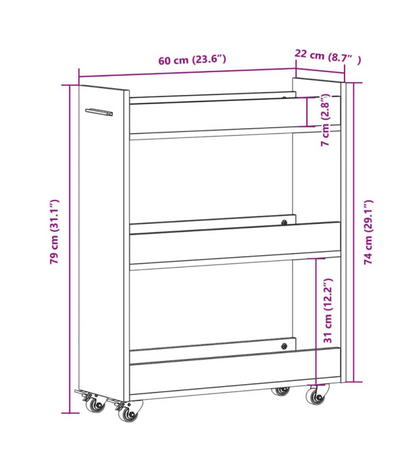 Opbergkast – Kast met wielen – Bureaukast – Opbergmeubel – Rollende kast – Beton grijs – Stevig hout – 60x22x79 cm
