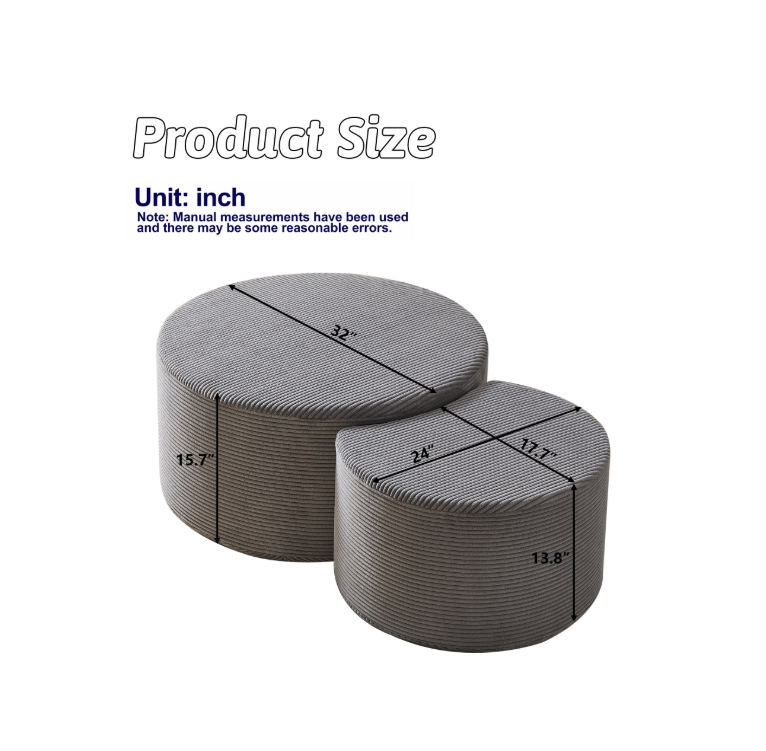 Salontafel – Bijzettafel – Koffietafel – Poef – Hocker – Ronde 2-delige set – Gestoffeerd met Zachte Foamvulling – Anti-slip Onderkant