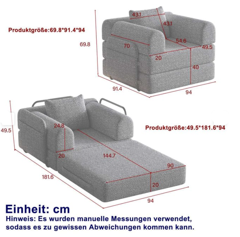 2-In-1 Chenille Sofa Bed – Slaapbank – Slaapstoel – Schuifbed – 1-Zits Zwart – Opbergvak in Armleuning – Stevige Drie Metalen Frame Constructie - QUORE
