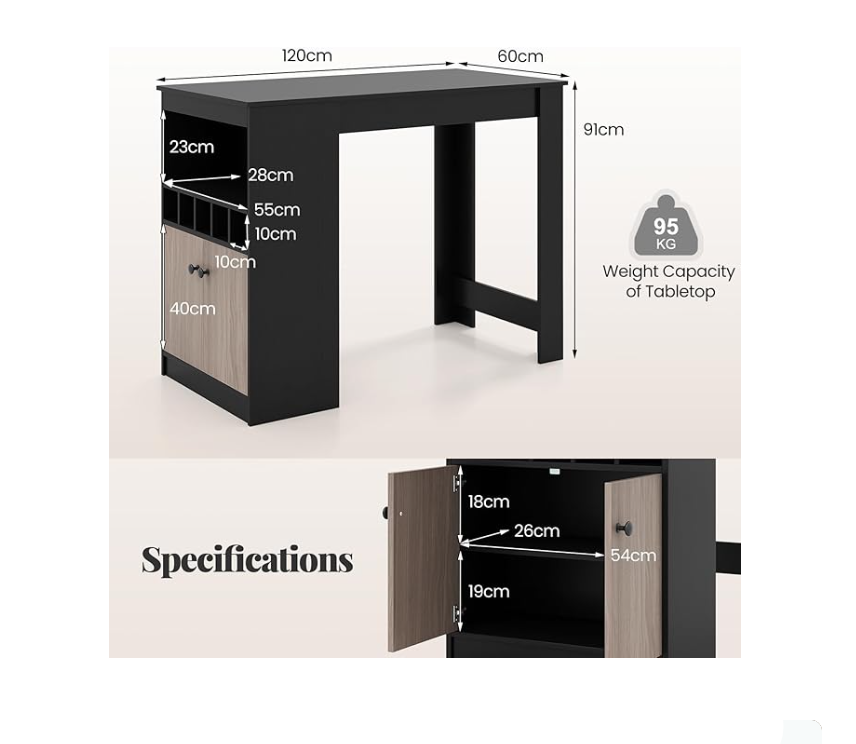 Bartafel – Bar Tafel – Statafel – Hoge Tafel – Keukentafel – Met Opbergruimte en Verstelbare Plank – 120x60x91,5 cm – Zwart Hoogwaardig Plaatmateriaal