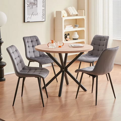 Set van 4 Moderne Eetkamerstoelen –  Grijs - Fluwelen Gewatteerde Stoelen met Ijzeren Poten – Nordic Stoelen voor Keuken en Woonkamer – Zwart Metalen Frame – Minimalistische Eetkamerstoel